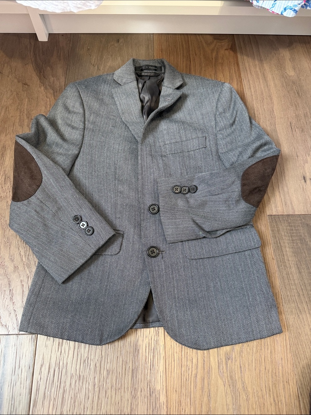 Gray Herringbone Blazer with Brown Elbow Patches